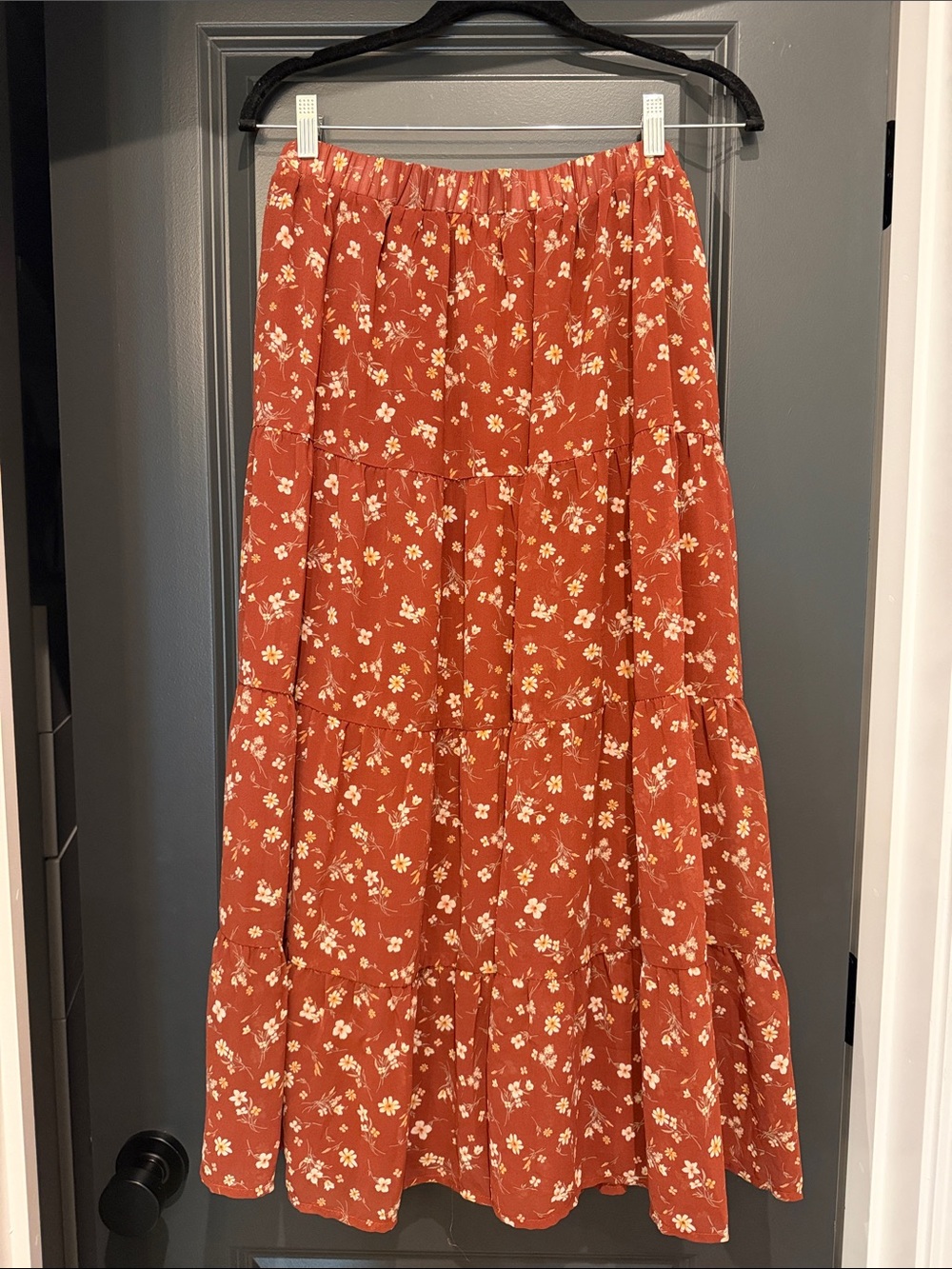 Arula Tiered Floral Maxi Skirt - Brown/Rust with Cream Flowers